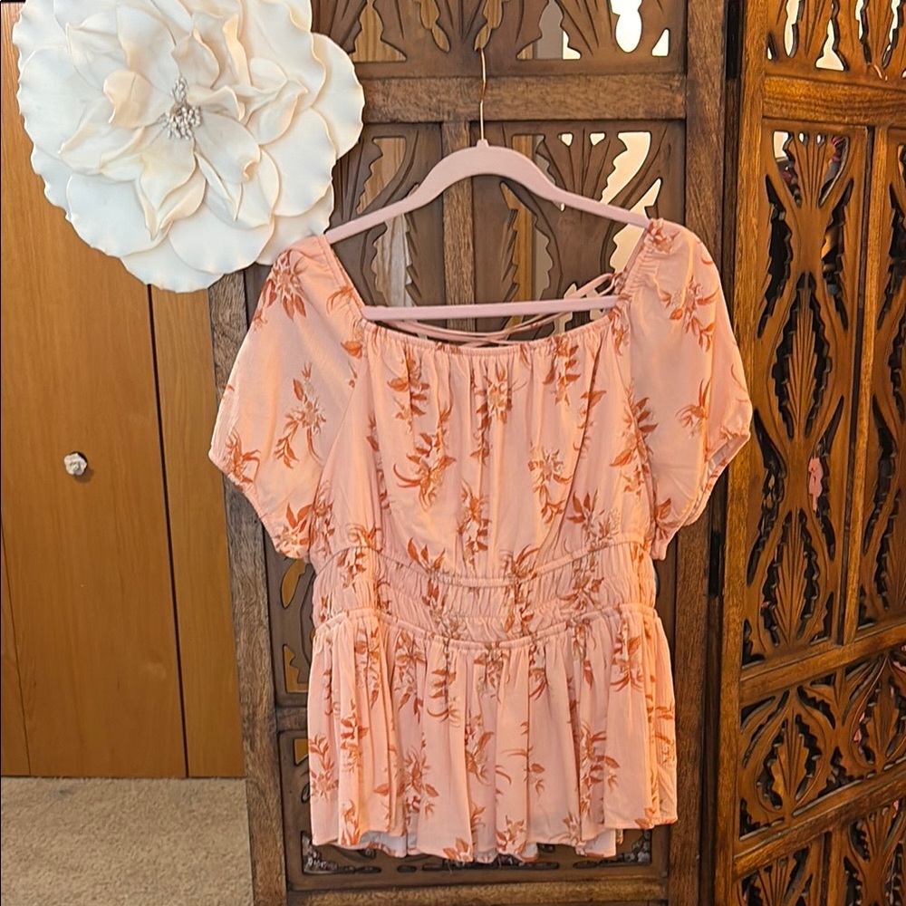 Peach Floral Off-Shoulder Peplum Blouse